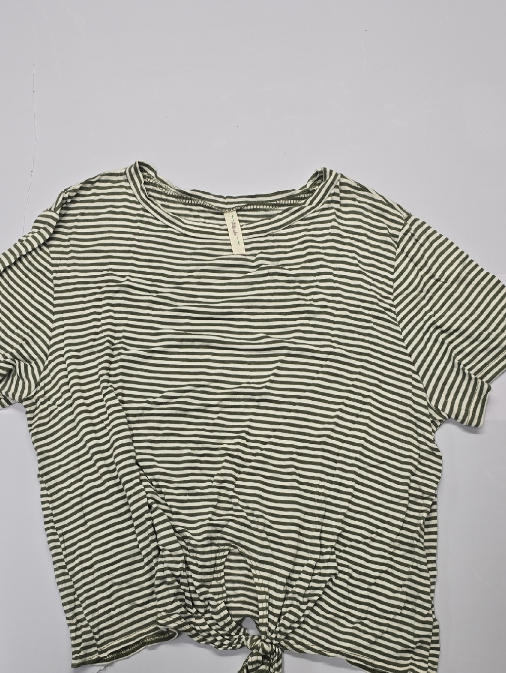 Striped Tie-Front Short Sleeve Tee - Olive‎ & White